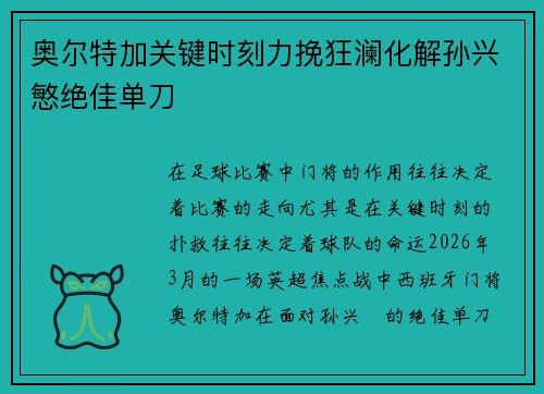 奥尔特加关键时刻力挽狂澜化解孙兴慜绝佳单刀